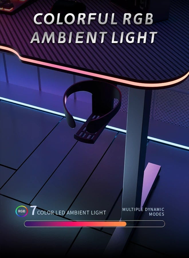 AOR Esports مكتب ألعاب مزود بإضاءة RGB على وحدة التحكم المكتبية، خطافات للسماعات، حامل أكواب وصندوق مقبس، مصنوع من ألياف الكربون، حجم سطح المكتب L120 * W60 سم، ارتفاع 73 سم، مكتب كمبيوتر أسود - Image 4
